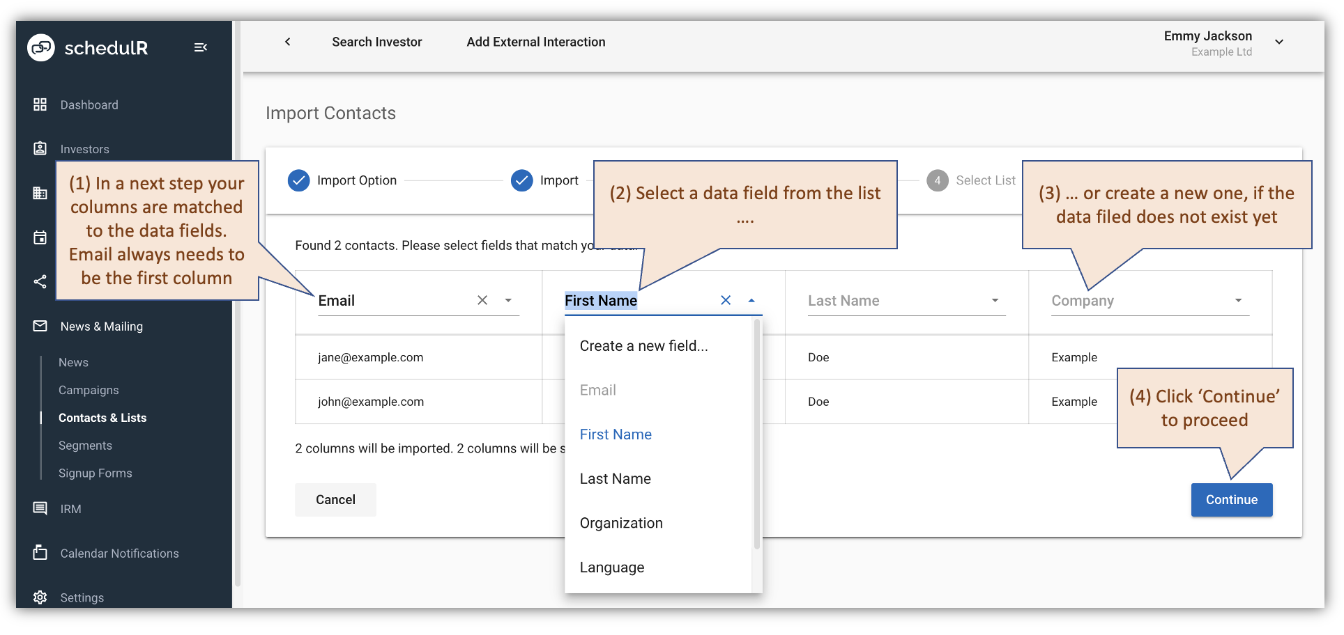 Figure 10.5 – Importing contacts – Matching columns
