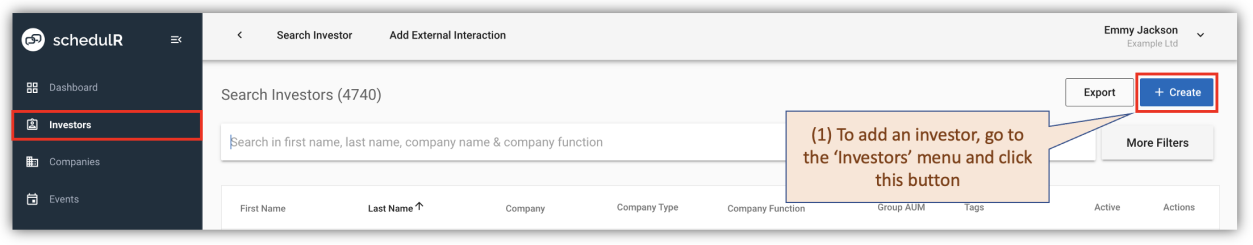 Figure 3.3 – Add new investor – Create Button