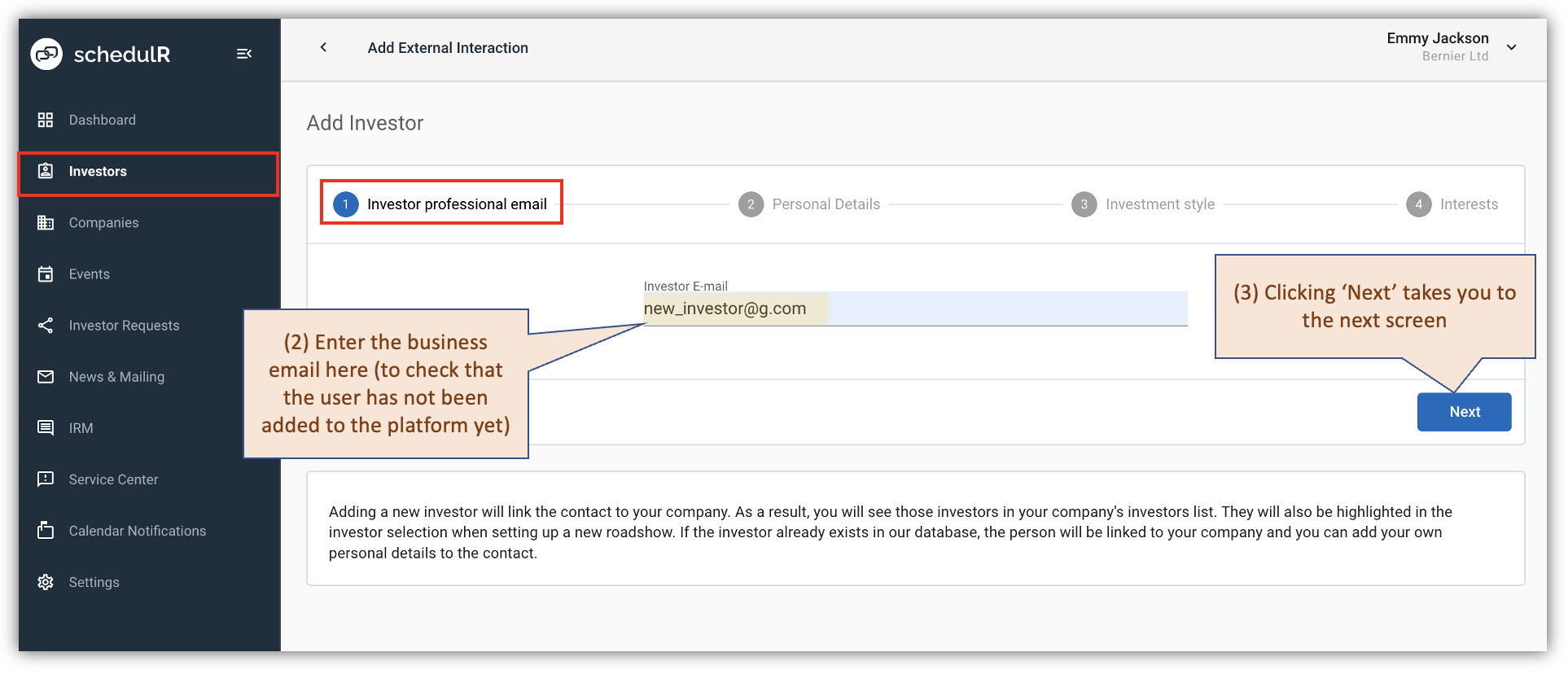 Figure 3.4 – Add new investor – Screen 1