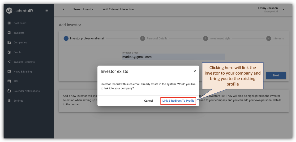 Figure 3.8 – Add new investor – Email exists