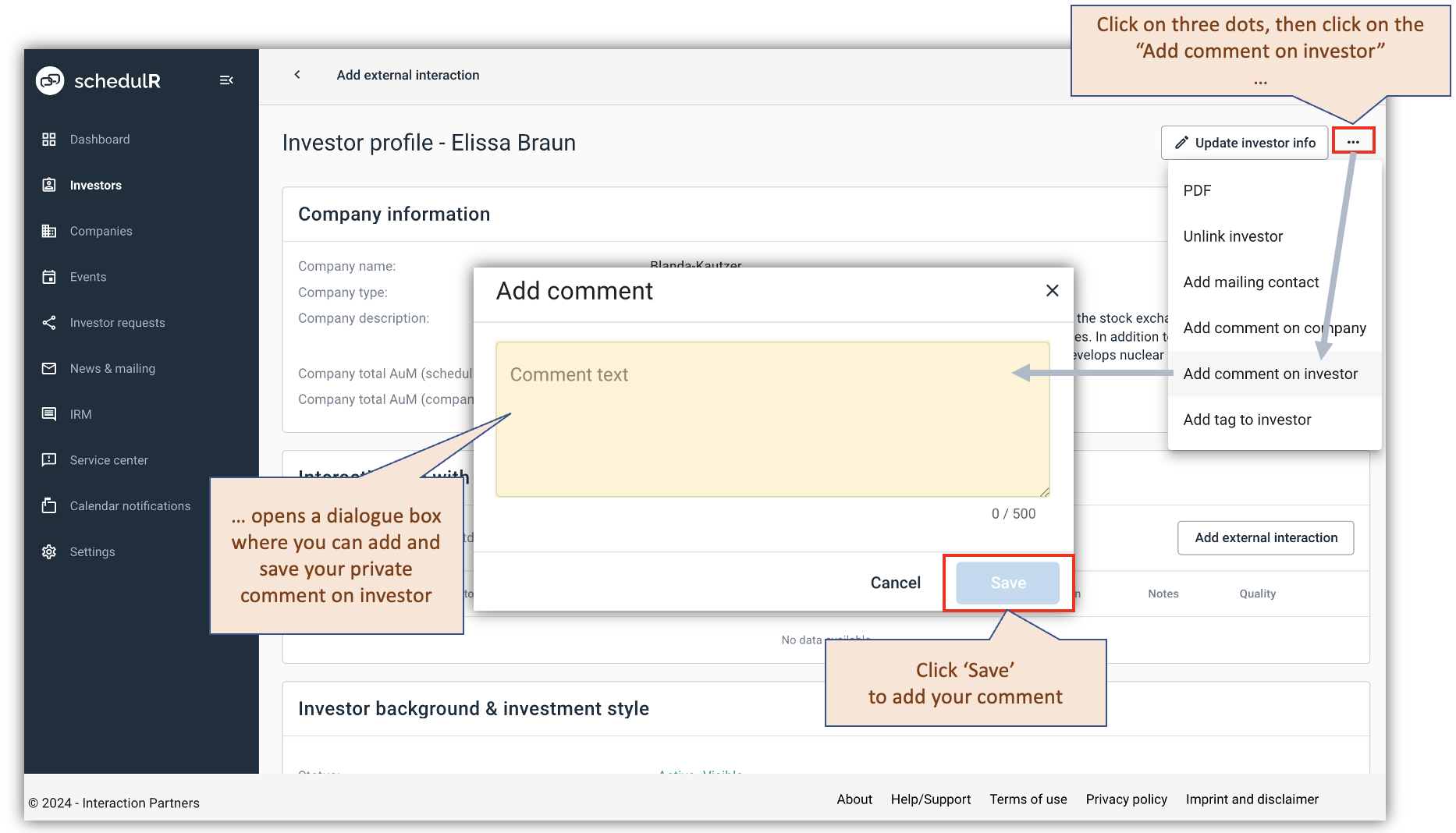 Figure 4.1 – Add private comment to investor (1/2)
