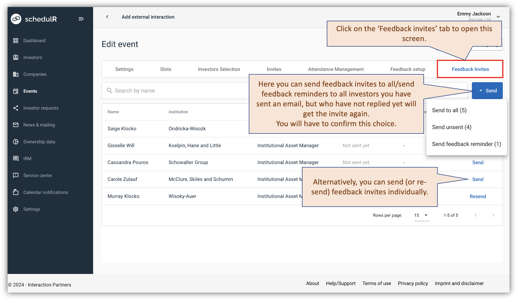 Figure 7.21 – Create/Edit Event – Sent Feedback Invites (Resend to investors without answer)